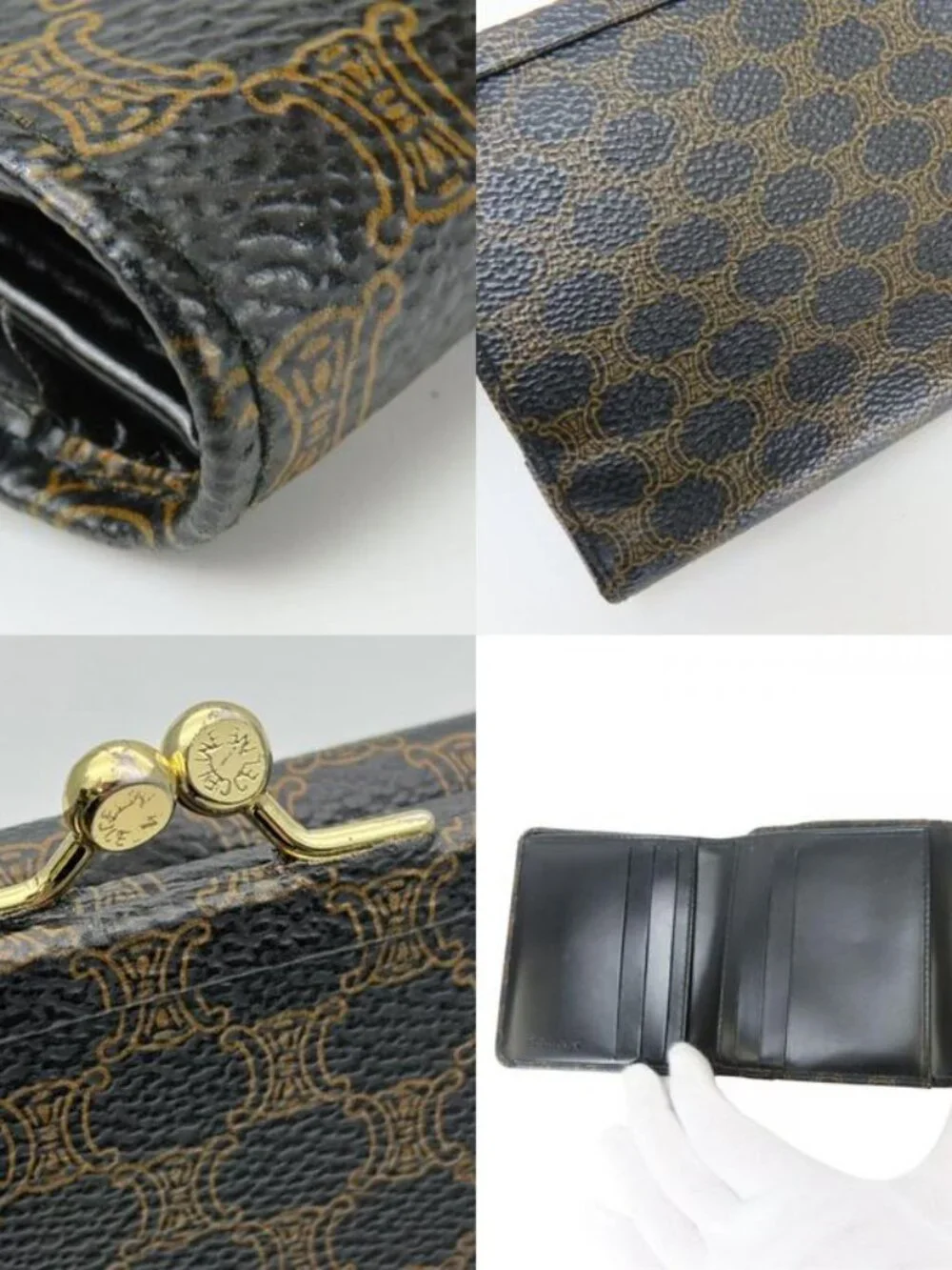 Celine Trifold Wallet Macadam Leather Brown Black Clasp Compact - Picture 7 of 9